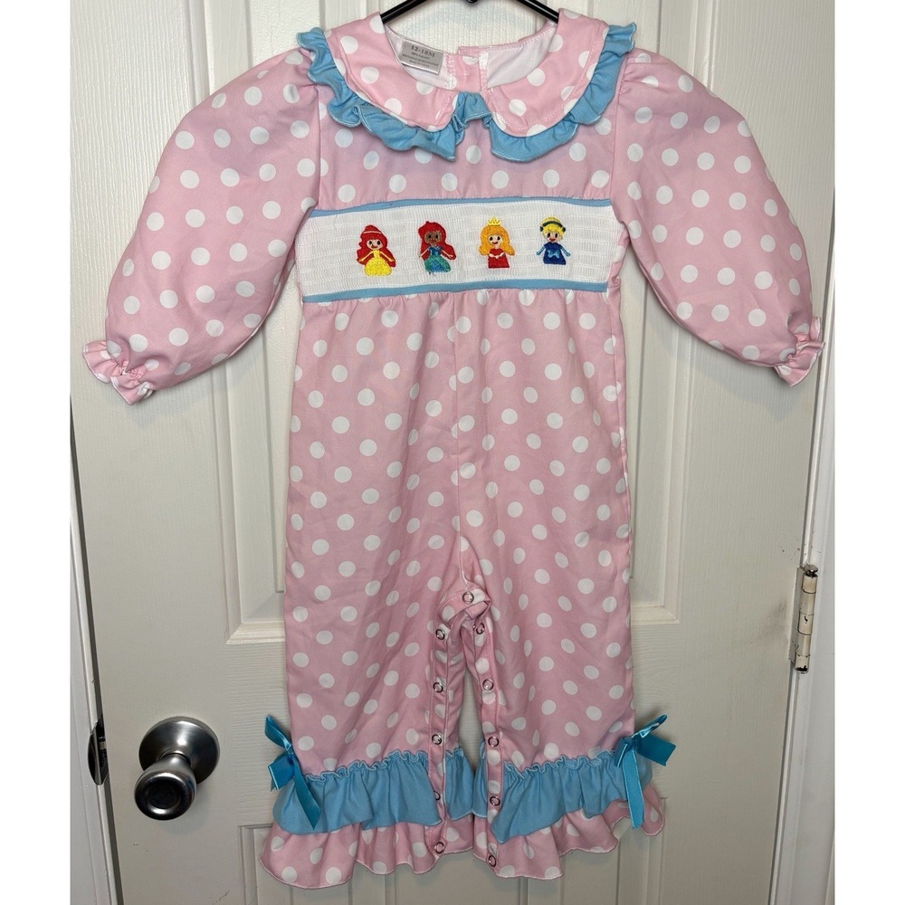Disney Princess Smocked Romper Girls Size 12-18 Months Pink Polka Dot
